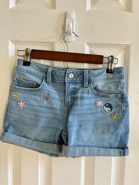 SO Light Blue Embroidered Denim Jean Shorts with Patches